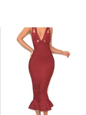House of CB Burgundy Plunge Bandage Midi Dress